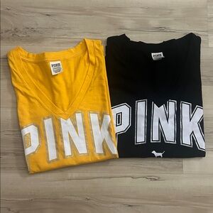 Victoria’s Secret PINK T-Shirts V-neck Oversized Black & Yellow Size XS Set